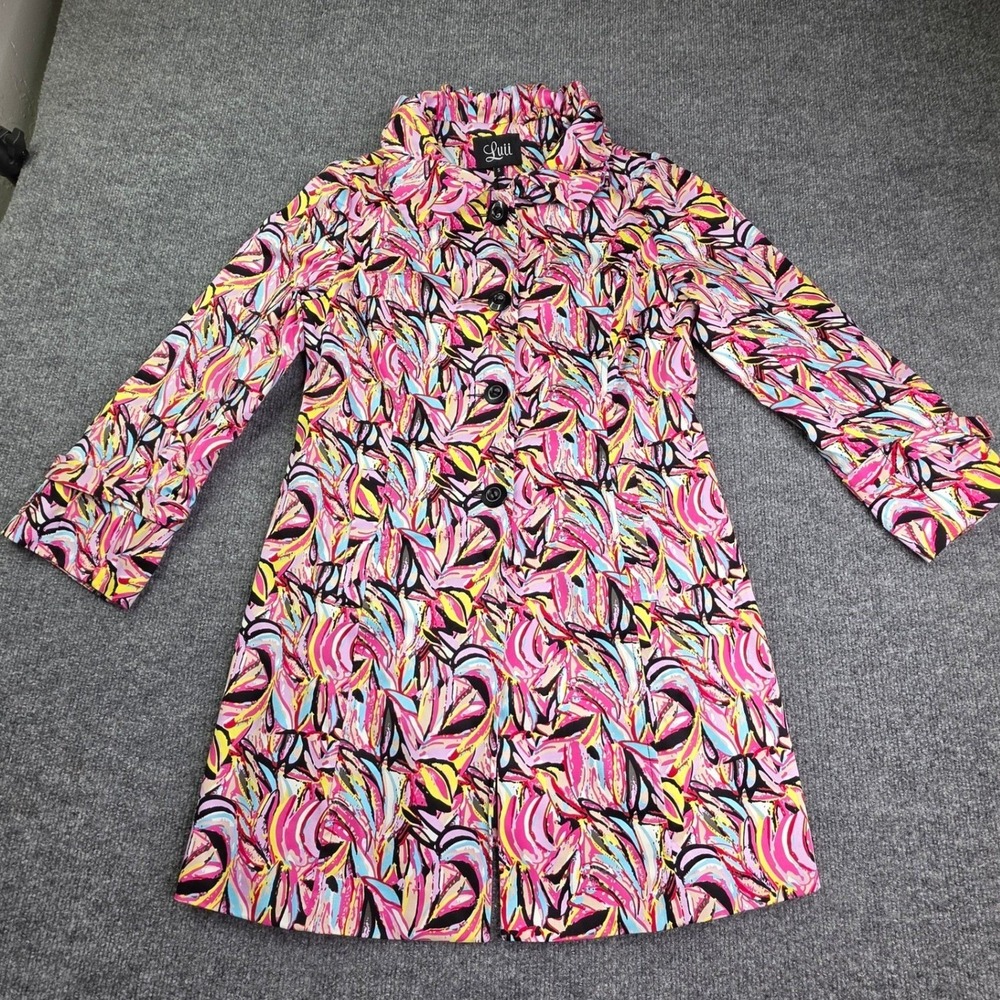 Luii Trench Coat Womens Small Multi-Color Abstract Print Ruffle Collar Button Up